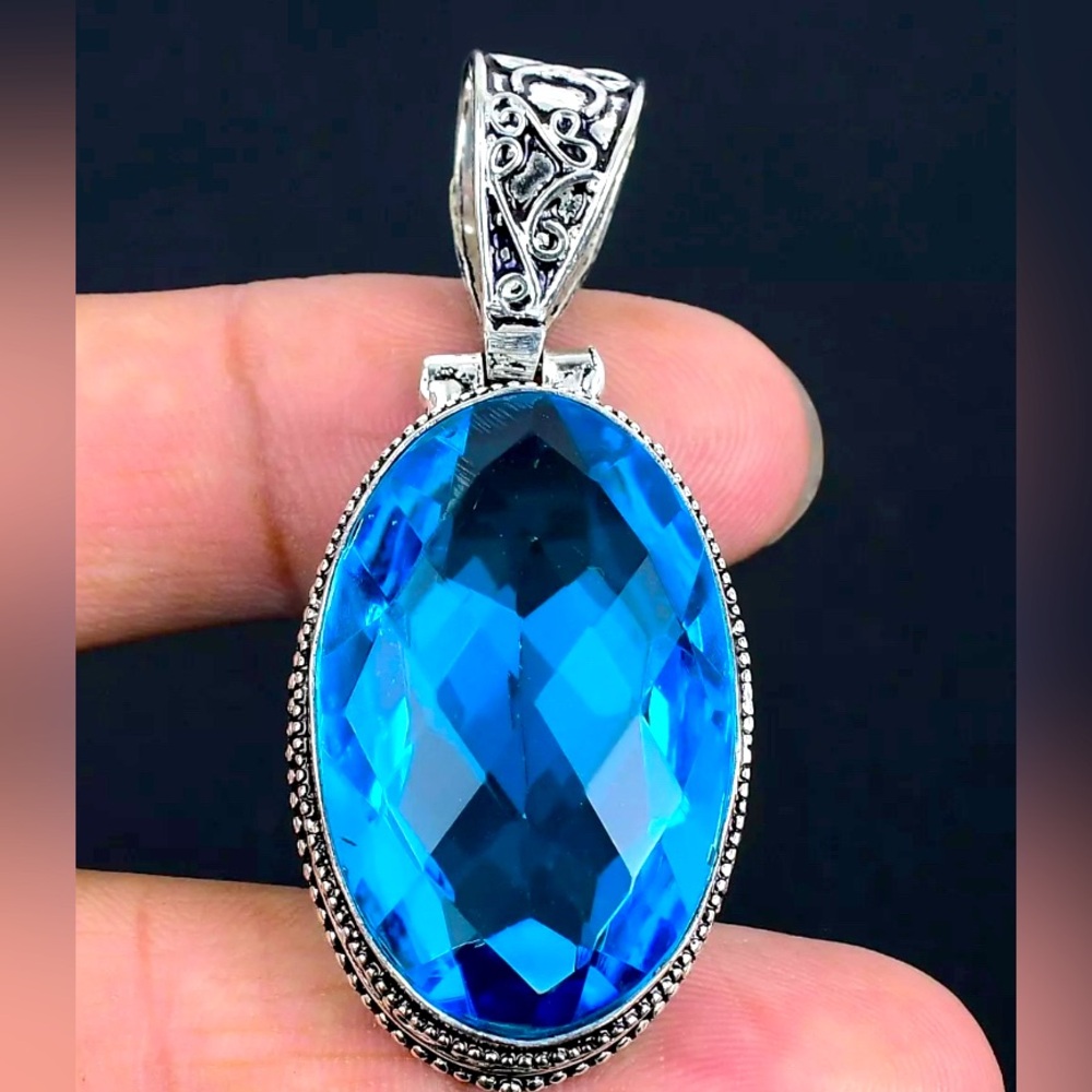Blue Topaz Gemstone Oval Pendant 925 Handmade 5.8 cm. Brand new.